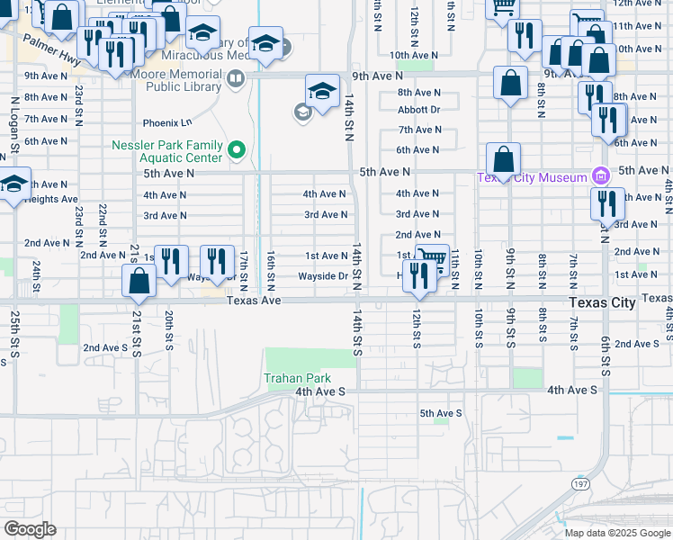 map of restaurants, bars, coffee shops, grocery stores, and more near 1418 Wayside Drive in Texas City