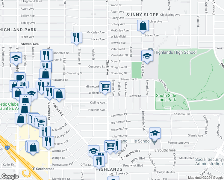 map of restaurants, bars, coffee shops, grocery stores, and more near 3218 Clark Avenue in San Antonio