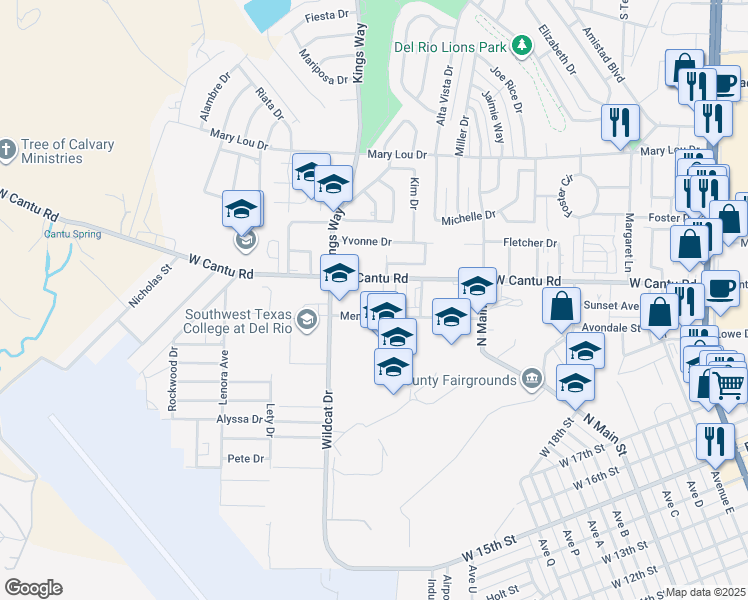 map of restaurants, bars, coffee shops, grocery stores, and more near 205 Memorial Drive in Del Rio