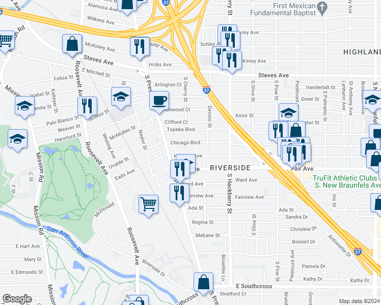 map of restaurants, bars, coffee shops, grocery stores, and more near 152 Halliday Avenue in San Antonio
