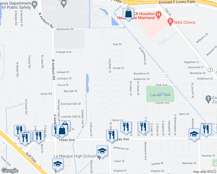 map of restaurants, bars, coffee shops, grocery stores, and more near 7401 Meadowlark Lane in Texas City