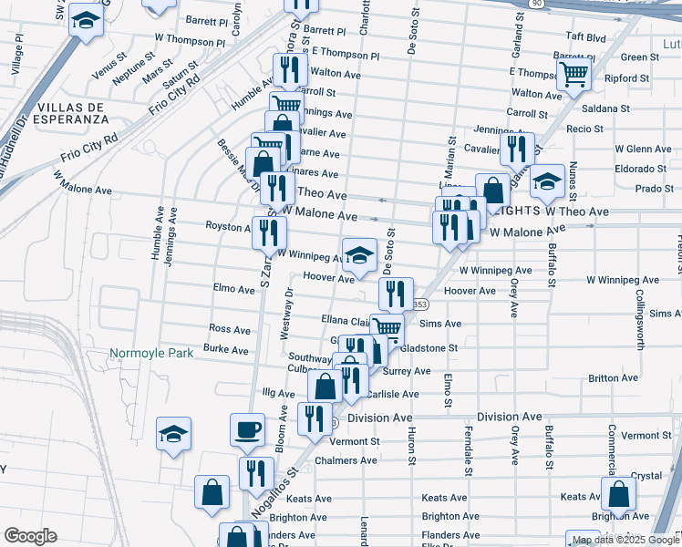 map of restaurants, bars, coffee shops, grocery stores, and more near 530 Hoover Avenue in San Antonio