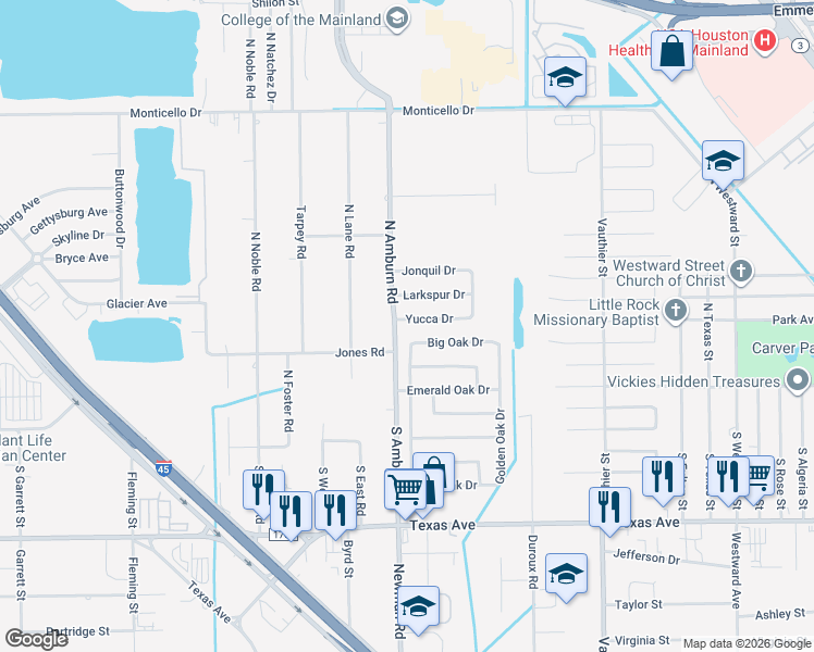 map of restaurants, bars, coffee shops, grocery stores, and more near 8017 Yucca Drive in Texas City