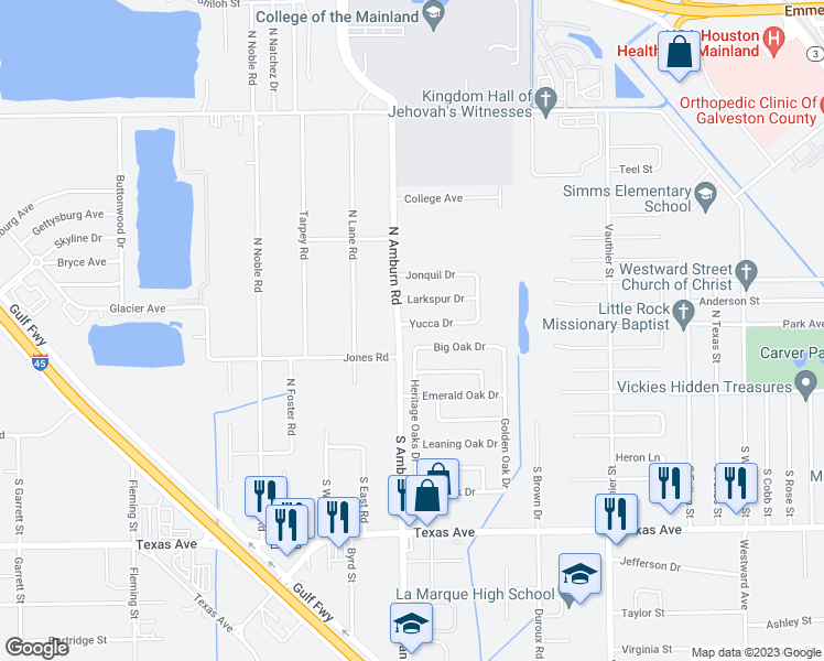 map of restaurants, bars, coffee shops, grocery stores, and more near 8017 Yucca Drive in Texas City