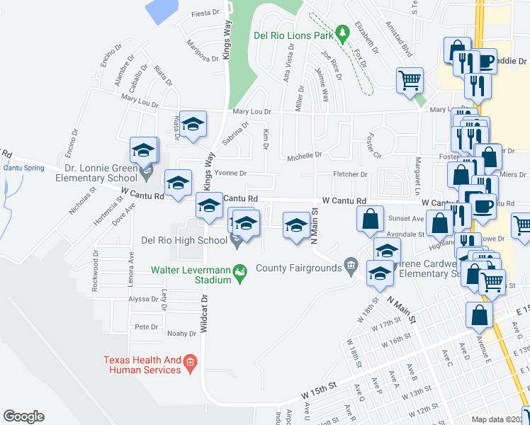 map of restaurants, bars, coffee shops, grocery stores, and more near 401 Memorial Drive in Del Rio