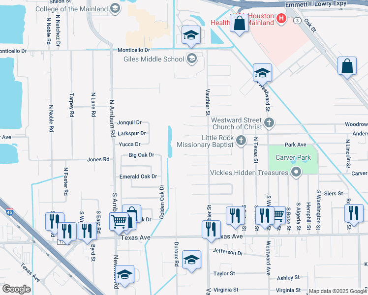 map of restaurants, bars, coffee shops, grocery stores, and more near 7514 Mallard Drive in Texas City