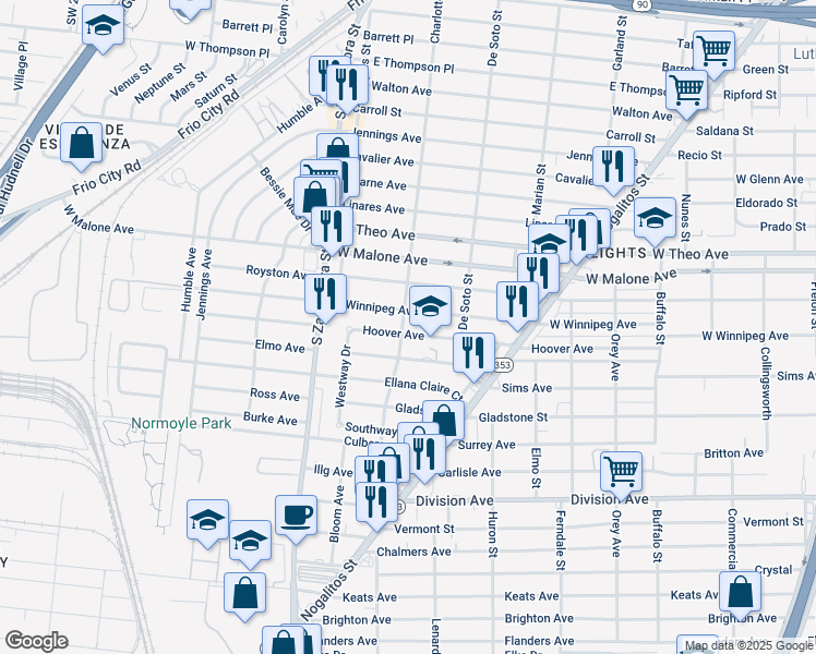 map of restaurants, bars, coffee shops, grocery stores, and more near 530 Hoover Avenue in San Antonio
