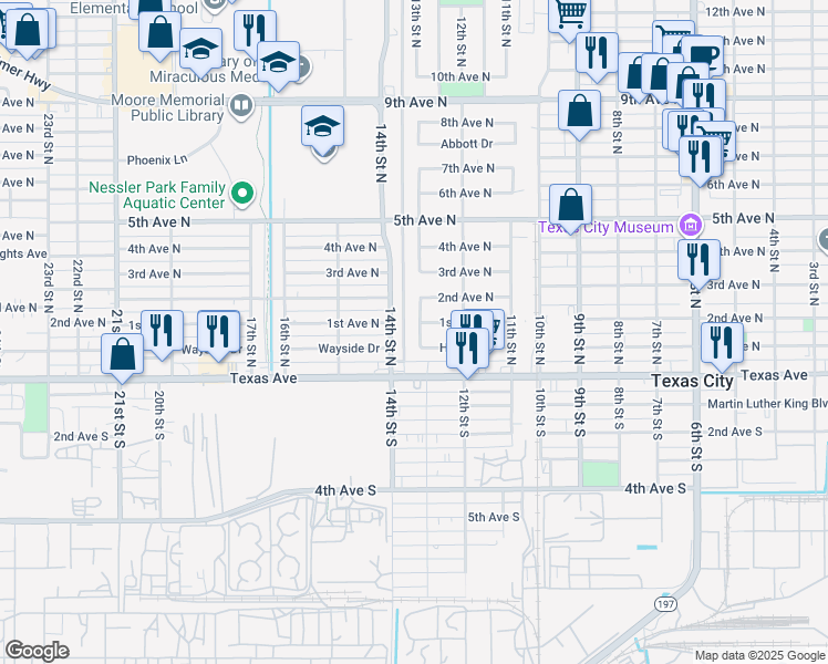 map of restaurants, bars, coffee shops, grocery stores, and more near 24 14th Street North in Texas City