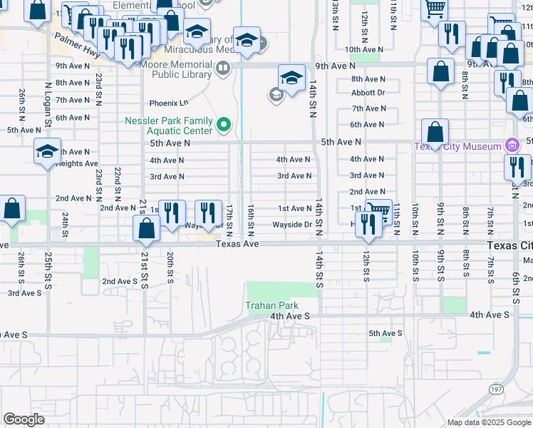 map of restaurants, bars, coffee shops, grocery stores, and more near 1514 Wayside Drive in Texas City