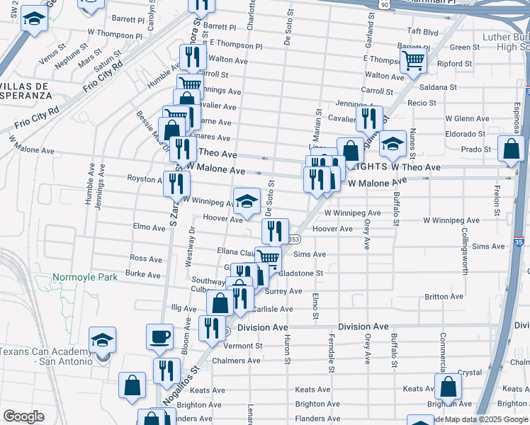 map of restaurants, bars, coffee shops, grocery stores, and more near 435 Hoover Avenue in San Antonio