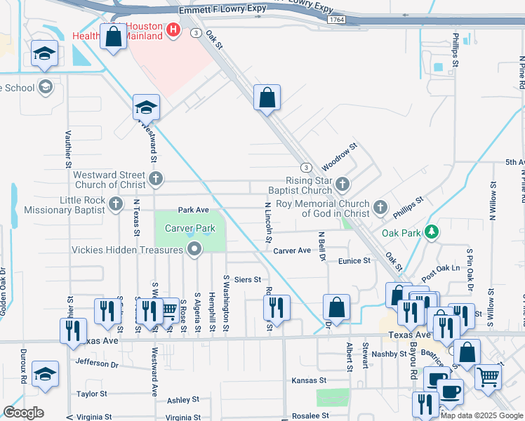 map of restaurants, bars, coffee shops, grocery stores, and more near 6201 Park Avenue in Texas City
