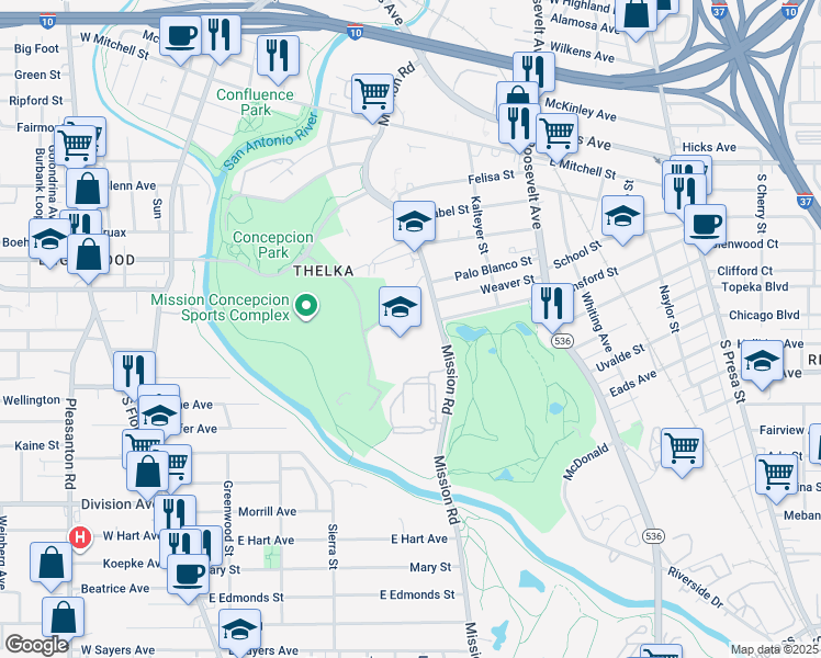 map of restaurants, bars, coffee shops, grocery stores, and more near 1135 Mission Road in San Antonio