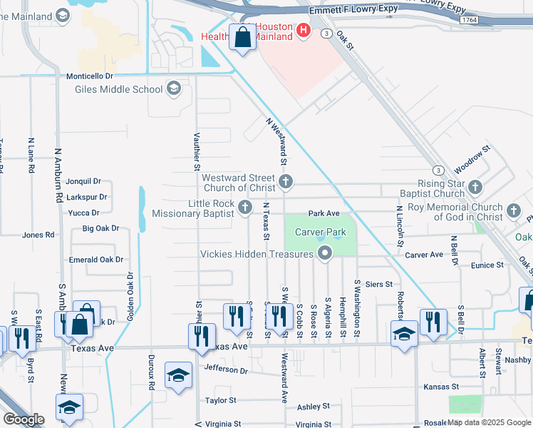 map of restaurants, bars, coffee shops, grocery stores, and more near 7001 Park Avenue in Texas City
