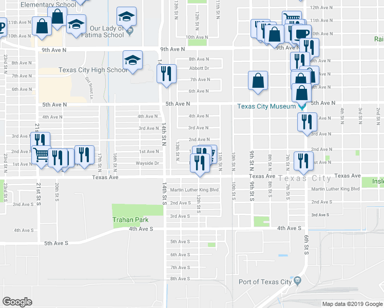 map of restaurants, bars, coffee shops, grocery stores, and more near 1224 Hunter Drive in Texas City