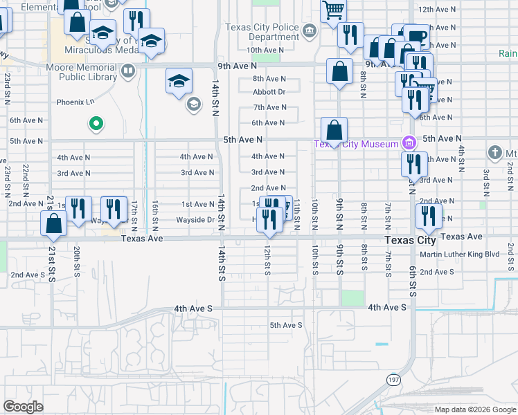 map of restaurants, bars, coffee shops, grocery stores, and more near 1224 Hunter Drive in Texas City