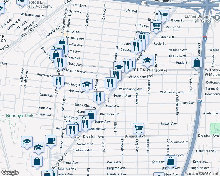 map of restaurants, bars, coffee shops, grocery stores, and more near in San Antonio
