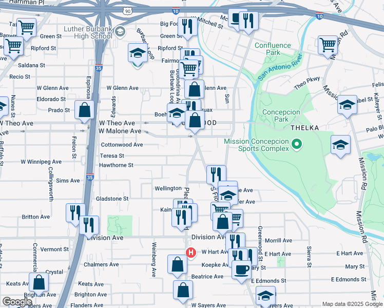 map of restaurants, bars, coffee shops, grocery stores, and more near 120 Toudouze Street in San Antonio