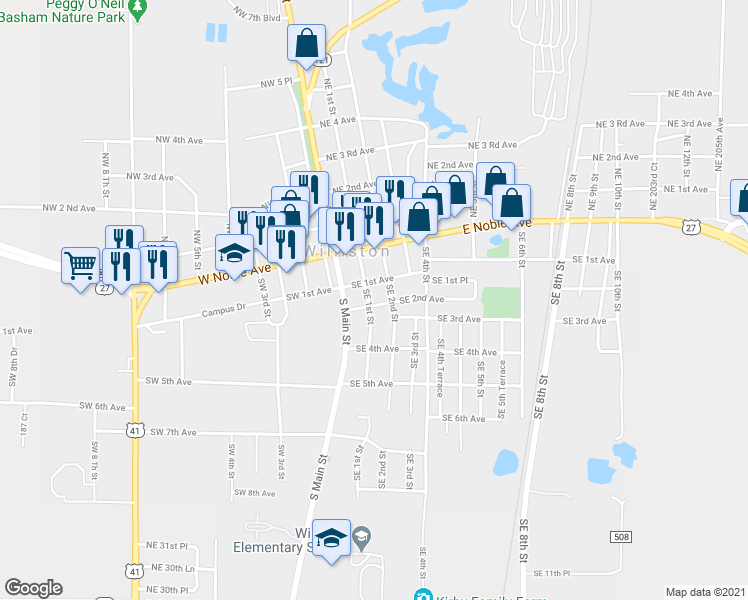 map of restaurants, bars, coffee shops, grocery stores, and more near 220 Southeast 1st Street in Williston