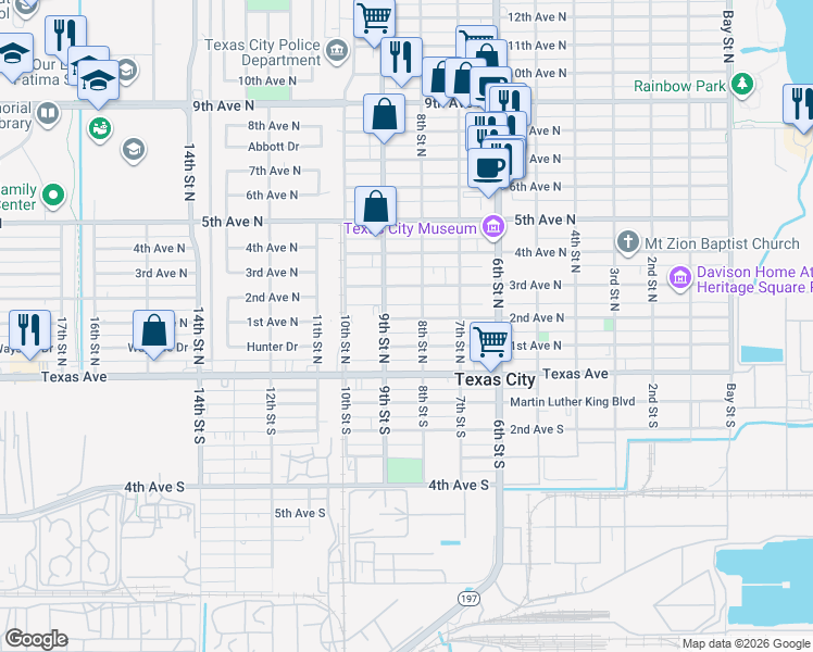map of restaurants, bars, coffee shops, grocery stores, and more near 824 1st Avenue South in Texas City