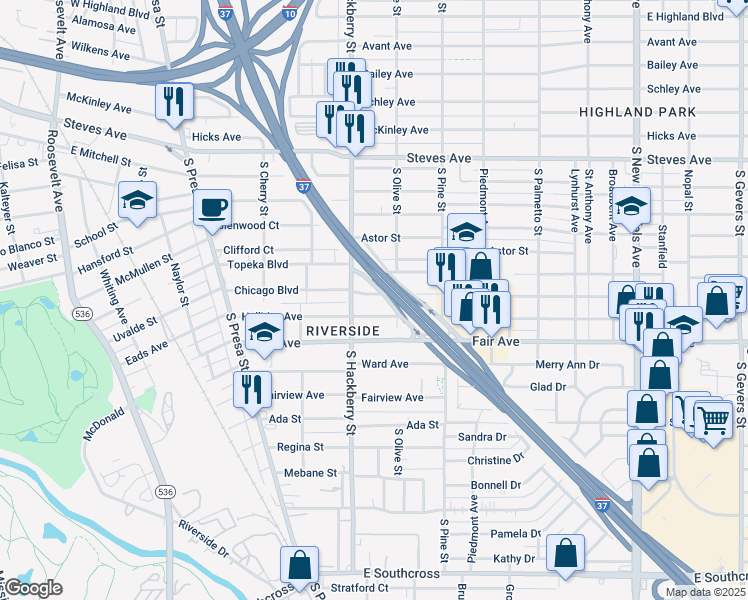 map of restaurants, bars, coffee shops, grocery stores, and more near 434 Halliday Avenue in San Antonio