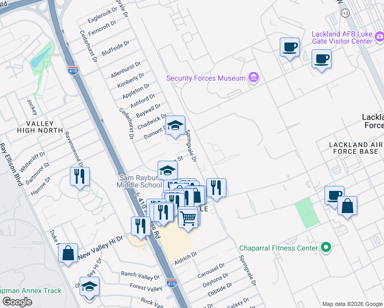 map of restaurants, bars, coffee shops, grocery stores, and more near 1302 Springvale Drive in San Antonio