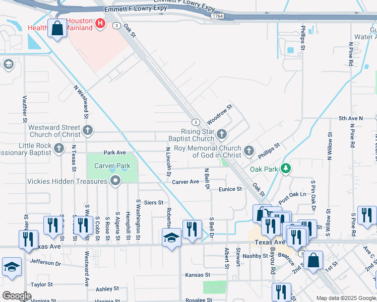 map of restaurants, bars, coffee shops, grocery stores, and more near 218 Terrace Drive in Texas City
