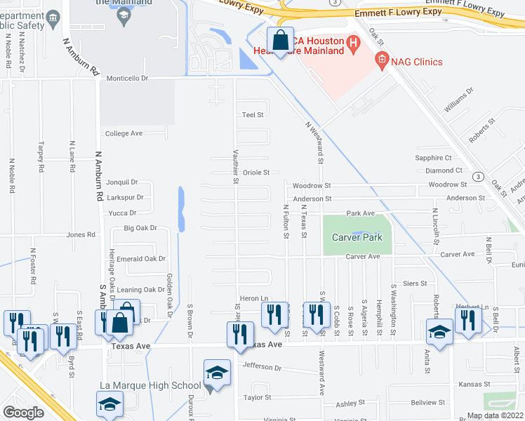 map of restaurants, bars, coffee shops, grocery stores, and more near 7212 Meadowlark Lane in Texas City