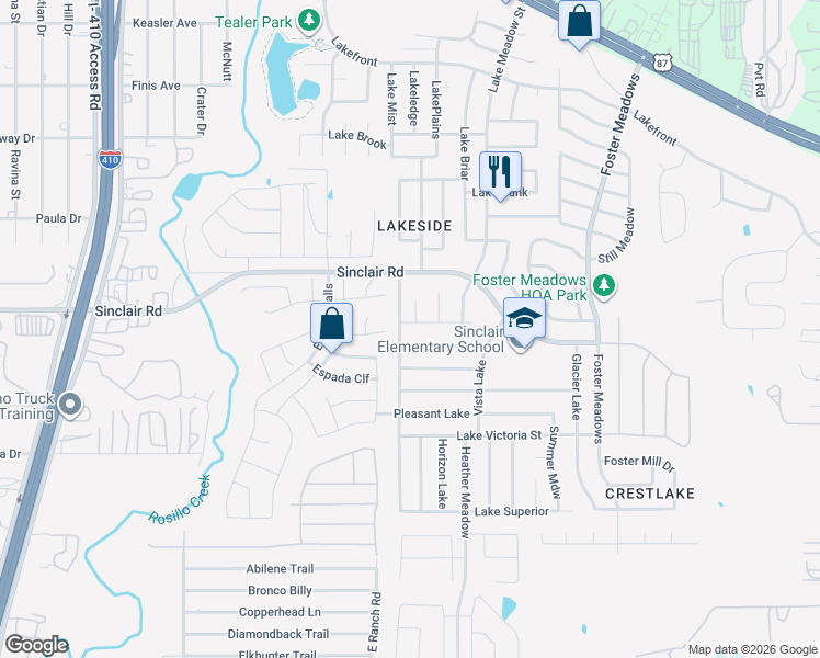 map of restaurants, bars, coffee shops, grocery stores, and more near 3119 Barkley Lake in San Antonio