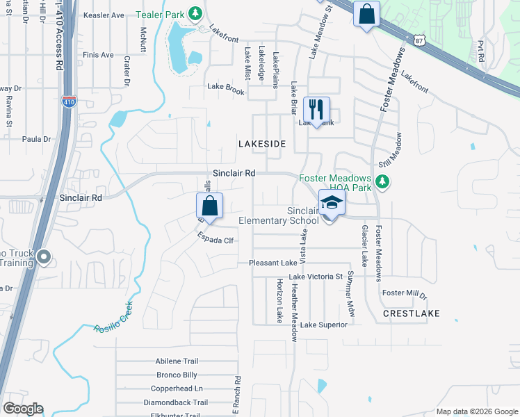 map of restaurants, bars, coffee shops, grocery stores, and more near 3119 Barkley Lake in San Antonio