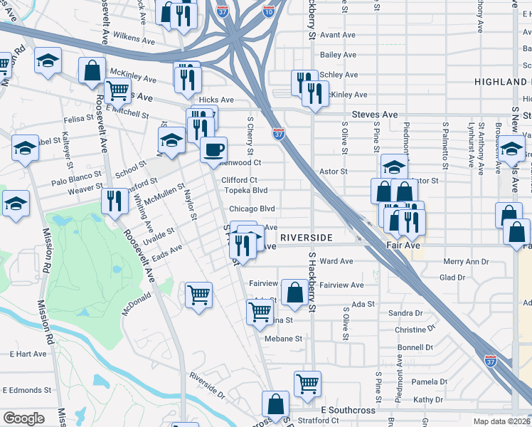 map of restaurants, bars, coffee shops, grocery stores, and more near 215 Chicago Boulevard in San Antonio