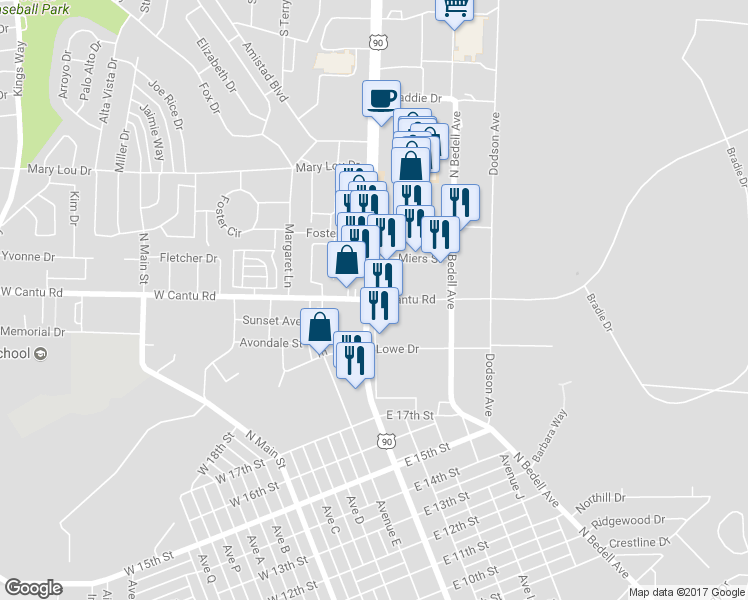 map of restaurants, bars, coffee shops, grocery stores, and more near 157 East Cantu Road in Del Rio