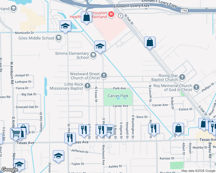 map of restaurants, bars, coffee shops, grocery stores, and more near 302 North Westward Street in Texas City