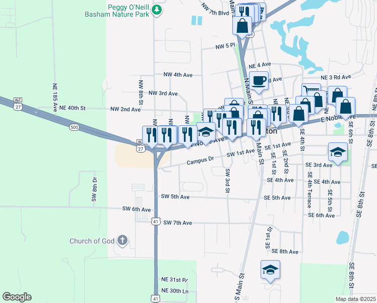 map of restaurants, bars, coffee shops, grocery stores, and more near 427 West Noble Avenue in Williston