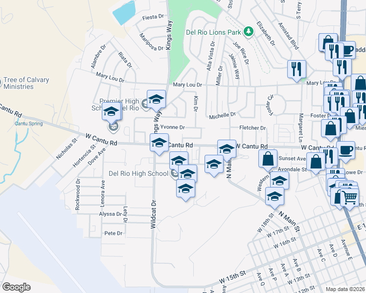 map of restaurants, bars, coffee shops, grocery stores, and more near 118 Katrina Drive in Del Rio