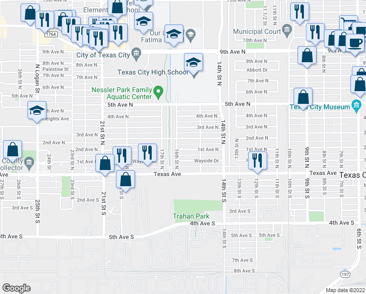 map of restaurants, bars, coffee shops, grocery stores, and more near 1530 1st Avenue North in Texas City