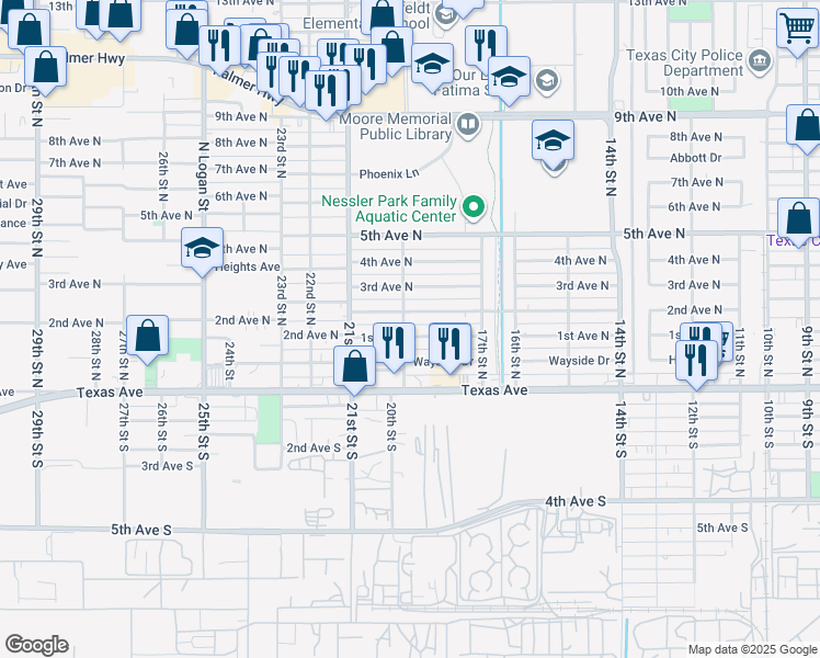 map of restaurants, bars, coffee shops, grocery stores, and more near 1901 2nd Avenue North in Texas City
