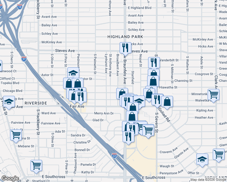 map of restaurants, bars, coffee shops, grocery stores, and more near 918 Topeka Boulevard in San Antonio