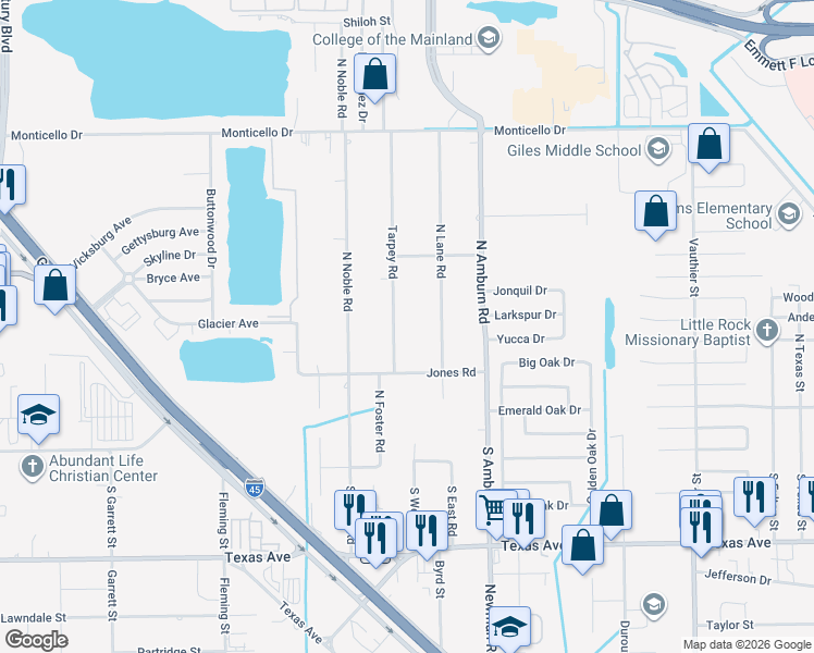 map of restaurants, bars, coffee shops, grocery stores, and more near 310 Tarpey Road in Texas City