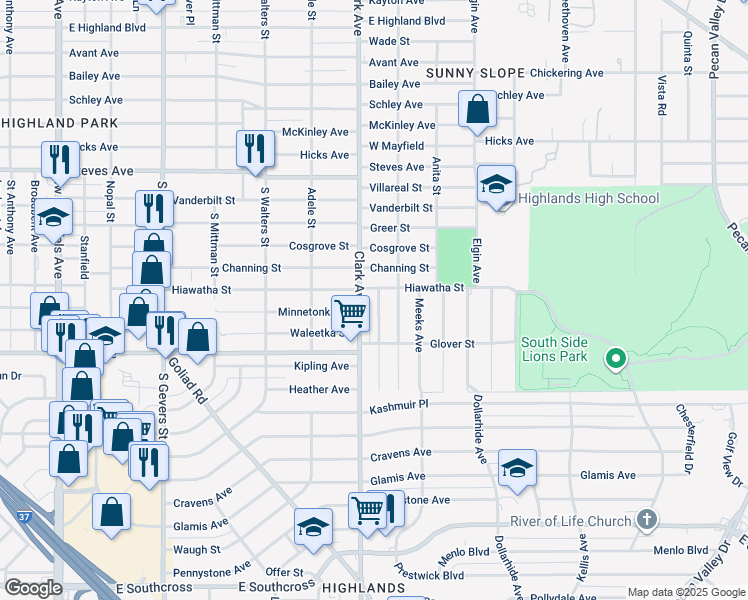 map of restaurants, bars, coffee shops, grocery stores, and more near 2803 Hiawatha Street in San Antonio