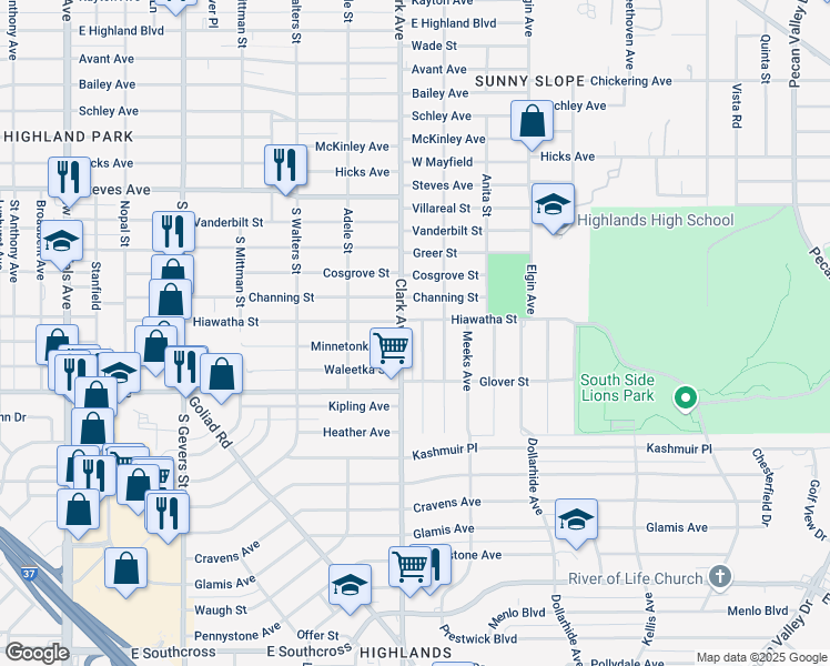 map of restaurants, bars, coffee shops, grocery stores, and more near 2803 Hiawatha Street in San Antonio