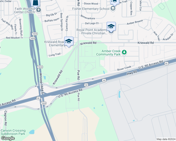 map of restaurants, bars, coffee shops, grocery stores, and more near 2405-2407 Pue Road in San Antonio