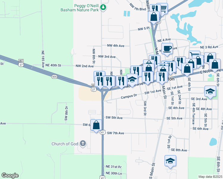 map of restaurants, bars, coffee shops, grocery stores, and more near 427 West Noble Avenue in Williston