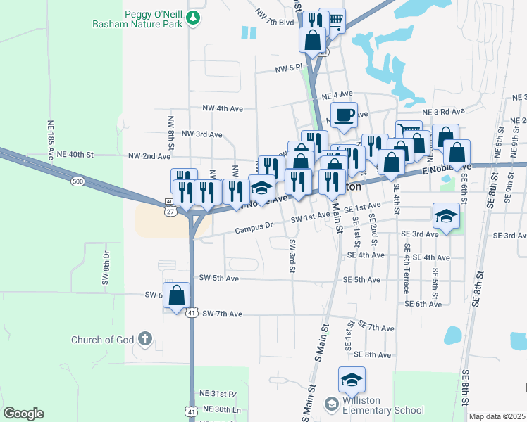 map of restaurants, bars, coffee shops, grocery stores, and more near 130 Southwest 3rd Street in Williston