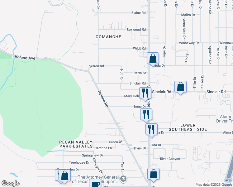map of restaurants, bars, coffee shops, grocery stores, and more near 115 Mary Helen Drive in San Antonio