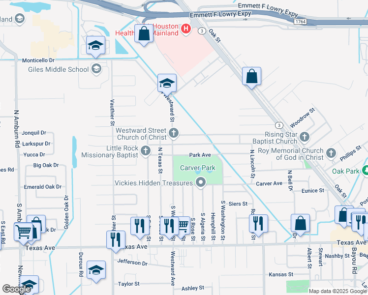 map of restaurants, bars, coffee shops, grocery stores, and more near 302 North Westward Street in Texas City