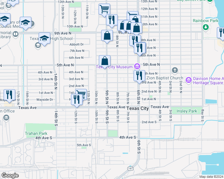 map of restaurants, bars, coffee shops, grocery stores, and more near 820 2nd Avenue North in Texas City