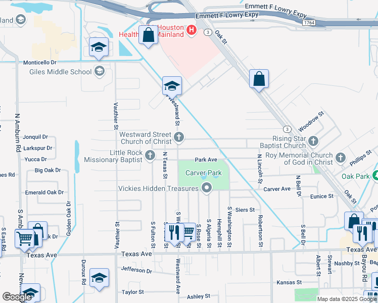 map of restaurants, bars, coffee shops, grocery stores, and more near 302 North Westward Street in Texas City