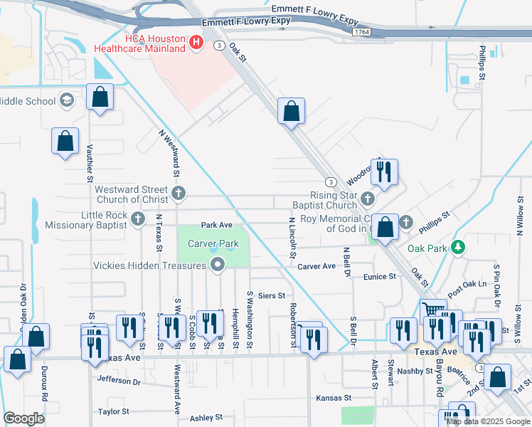 map of restaurants, bars, coffee shops, grocery stores, and more near 6322 Anderson Street in Texas City