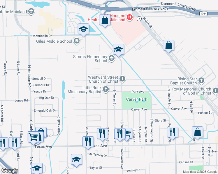 map of restaurants, bars, coffee shops, grocery stores, and more near 7019 Anderson Street in Texas City