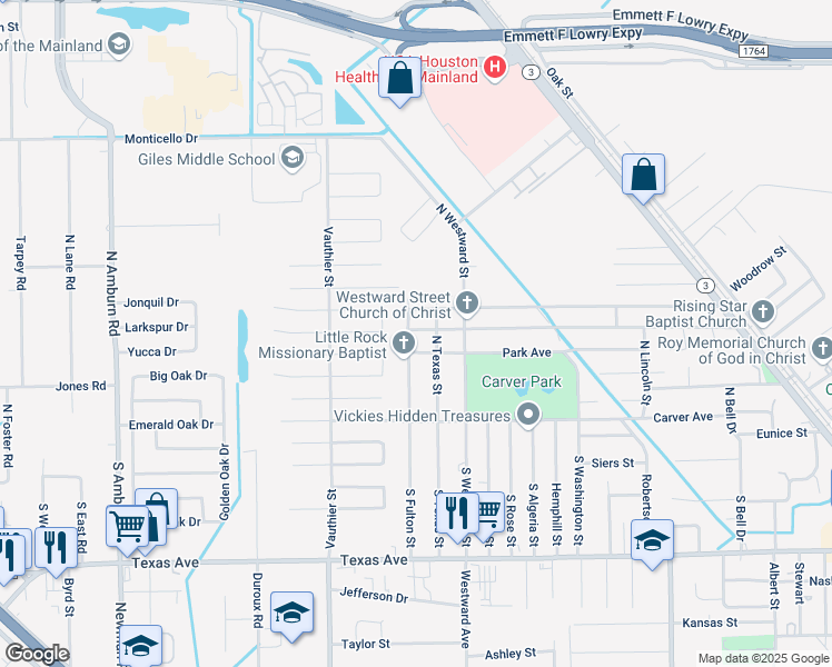 map of restaurants, bars, coffee shops, grocery stores, and more near 7019 Anderson Street in Texas City